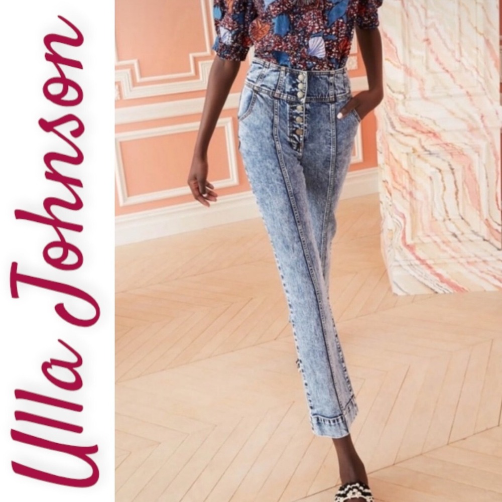 Ulla Johnson Ellis Wide Leg Jeans Blue Acid Wash High Waist Button Fly, Size 6